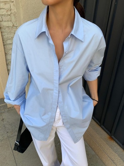 New York Hidden Button Curved Hem Cotton Plain Shirt-The Black Bow-