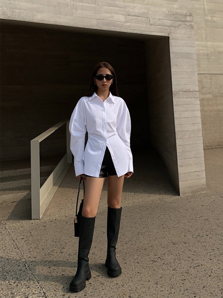 Hollywood Waist Fit Mutton Leg Sleeve Button Shirt-The Black Bow-