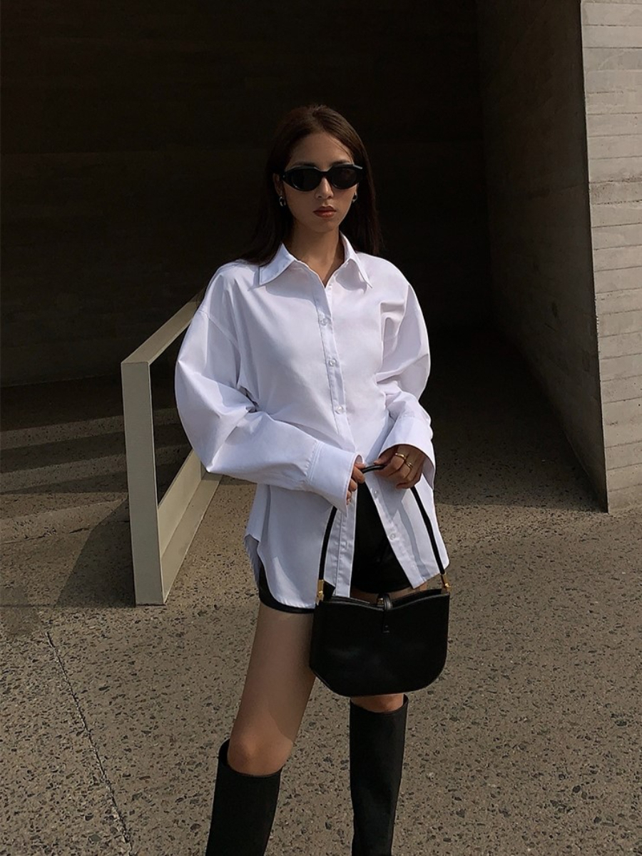 Hollywood Waist Fit Mutton Leg Sleeve Button Shirt-The Black Bow-