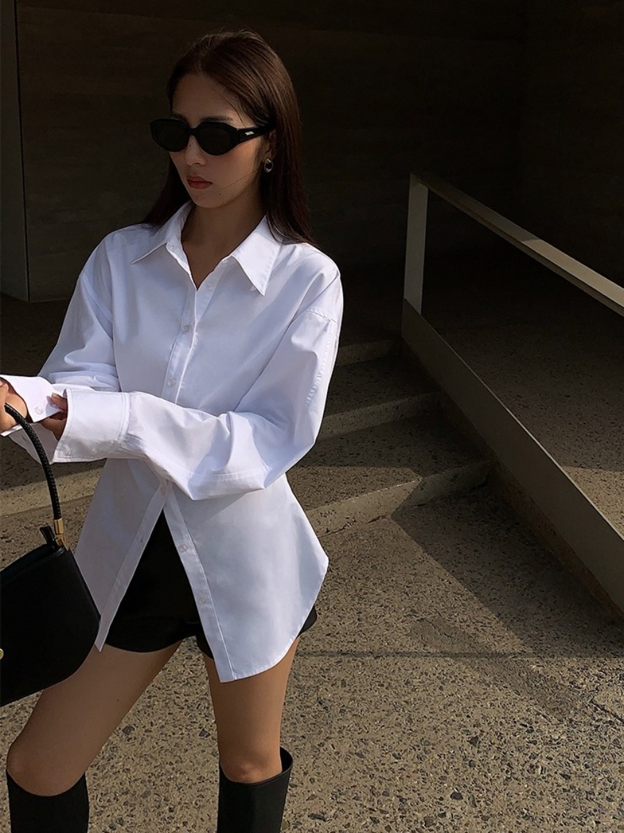 Hollywood Waist Fit Mutton Leg Sleeve Button Shirt-The Black Bow-