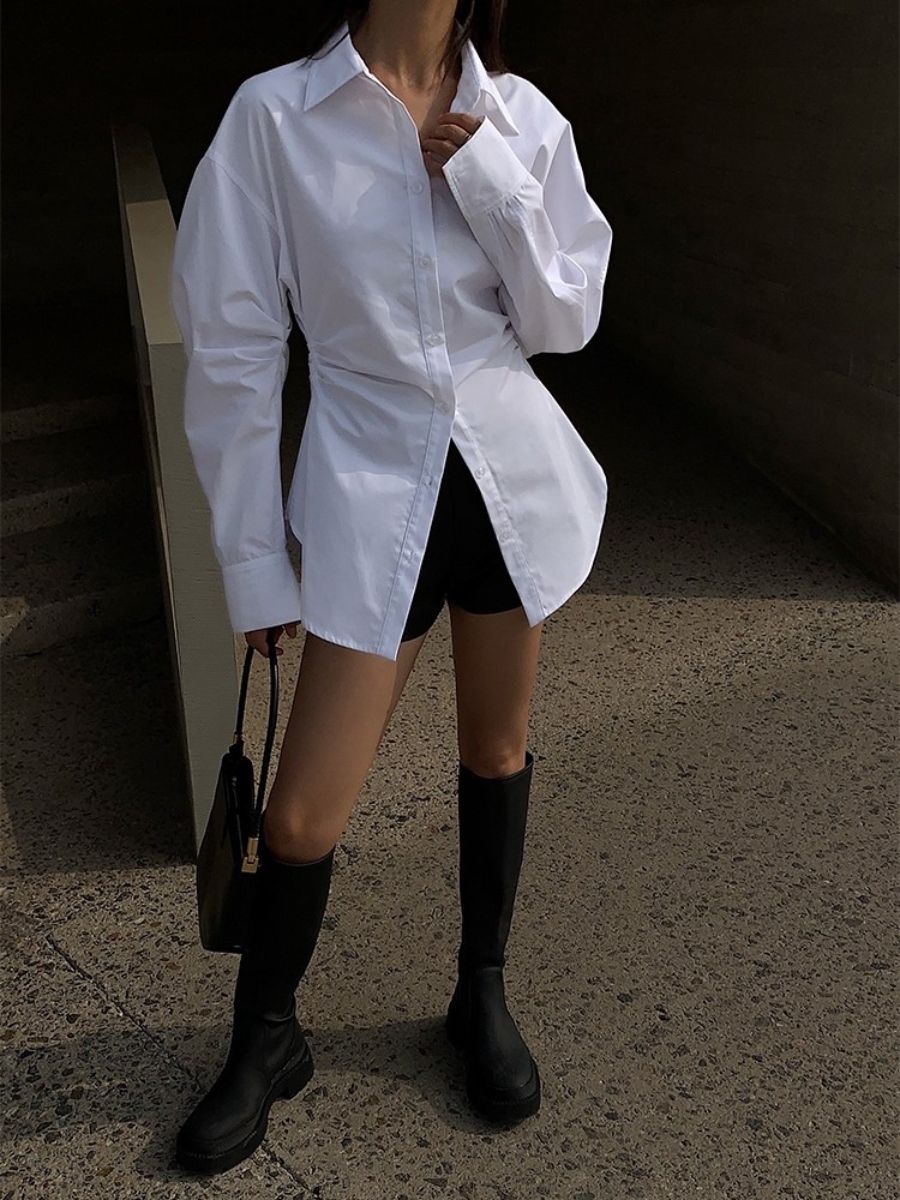 Hollywood Waist Fit Mutton Leg Sleeve Button Shirt-The Black Bow-