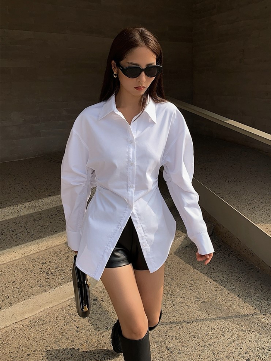 Hollywood Waist Fit Mutton Leg Sleeve Button Shirt-The Black Bow-