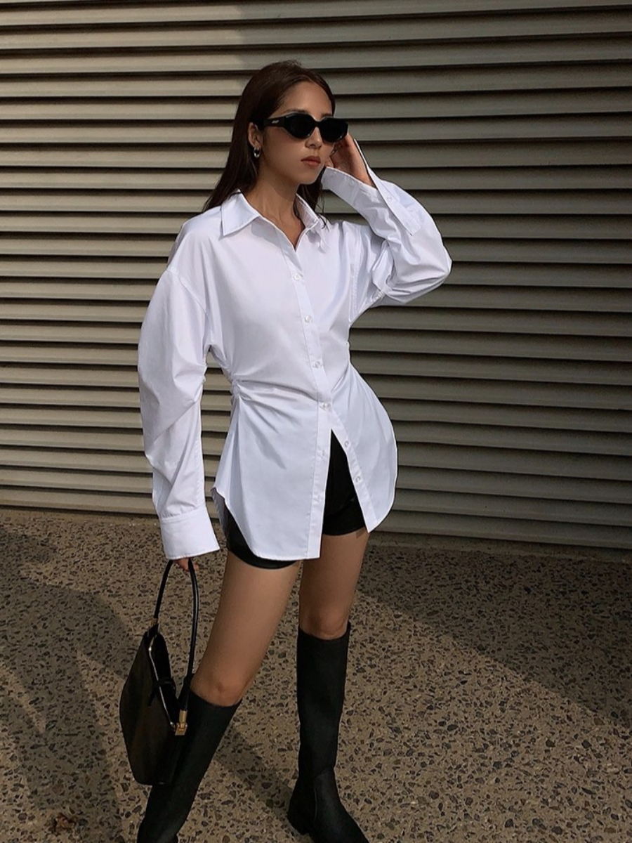 Hollywood Waist Fit Mutton Leg Sleeve Button Shirt-The Black Bow-