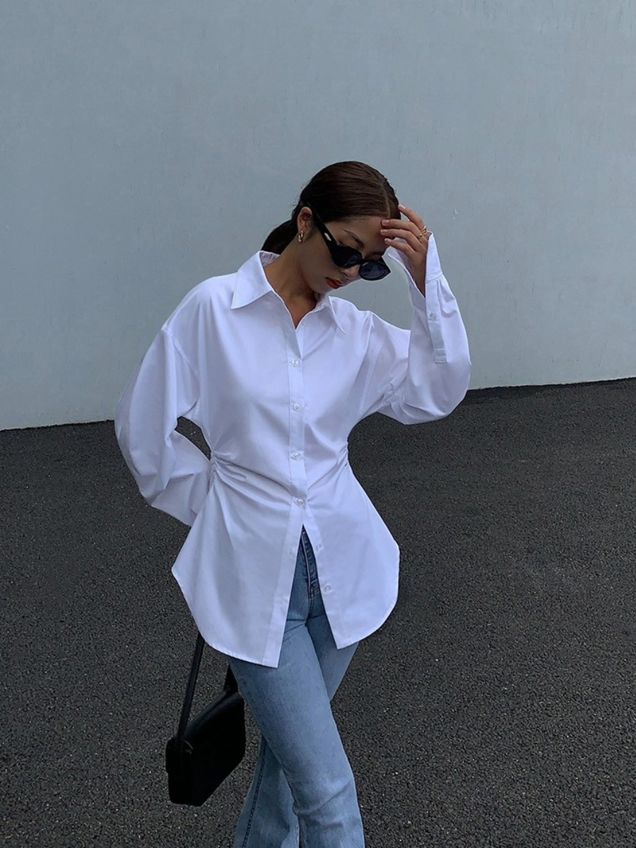 Hollywood Waist Fit Mutton Leg Sleeve Button Shirt-The Black Bow-