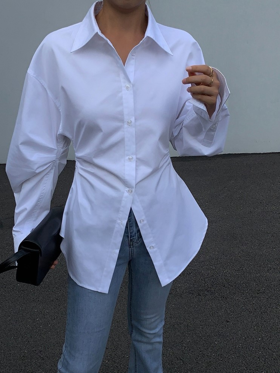 Hollywood Waist Fit Mutton Leg Sleeve Button Shirt-The Black Bow-