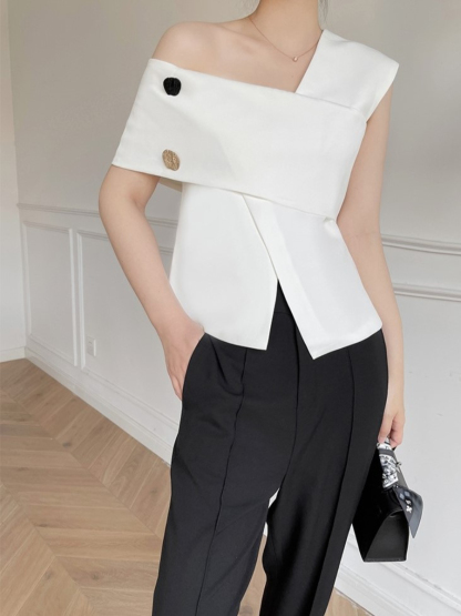 Louitta Asymmetrical Gold Button One Shoulder Top-The Black Bow-