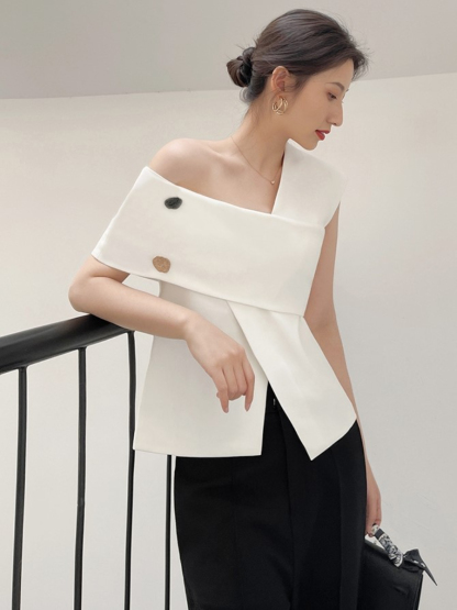 Louitta Asymmetrical Gold Button One Shoulder Top-The Black Bow-