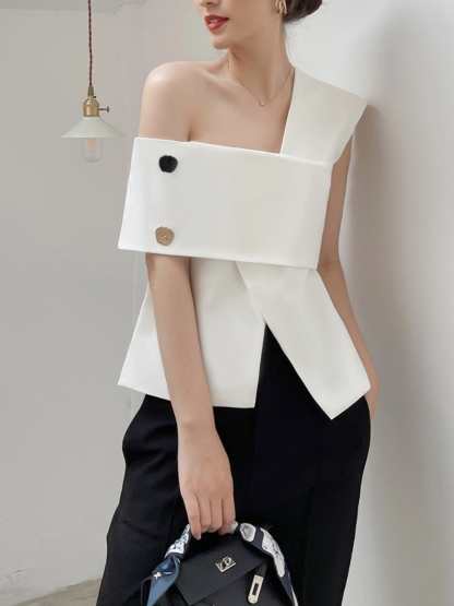 Louitta Asymmetrical Gold Button One Shoulder Top-The Black Bow-