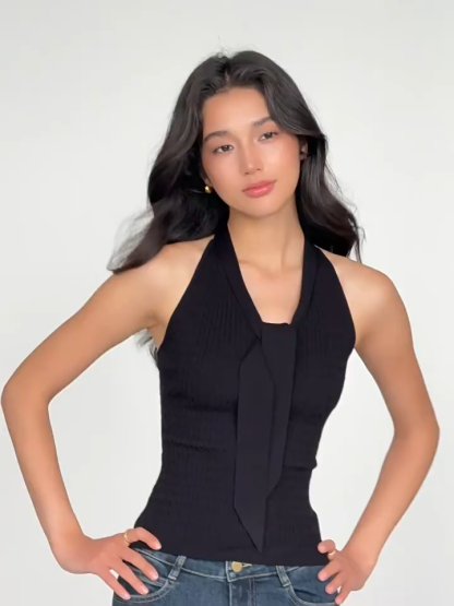 Vache Textured Rib Knit Lace-Back Halter Top