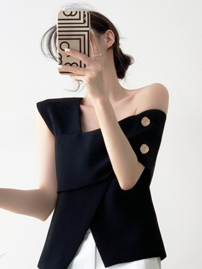 Louitta Asymmetrical Gold Button One Shoulder Top-The Black Bow-