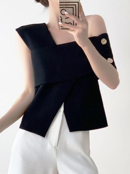 Louitta Asymmetrical Gold Button One Shoulder Top-The Black Bow-