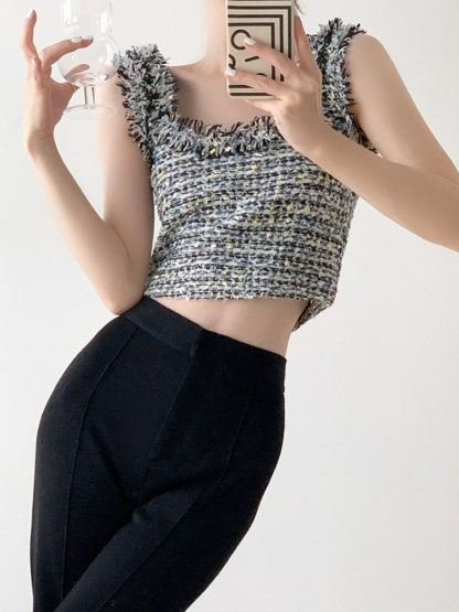 Tzipora Sleeveless Tweed Crop Top-The Black Bow-