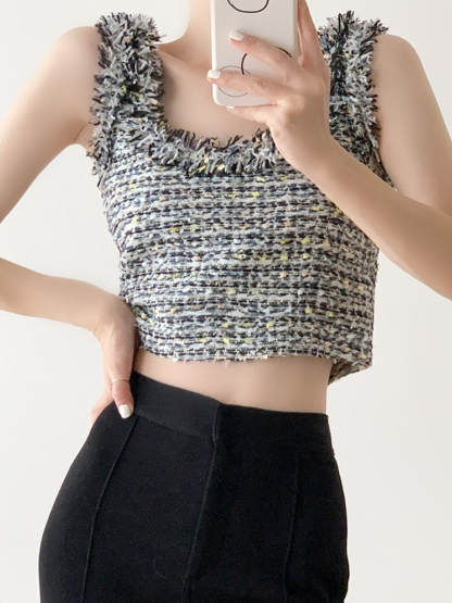 Tzipora Sleeveless Tweed Crop Top-The Black Bow-