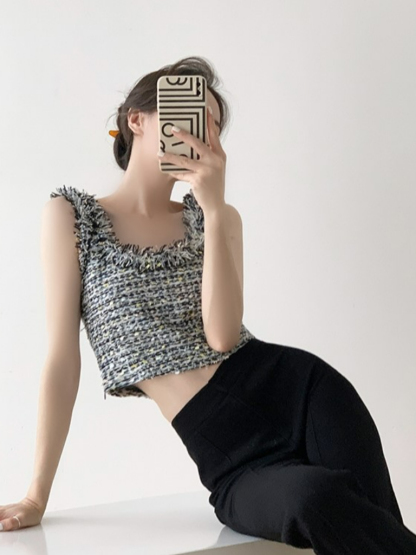 Tzipora Sleeveless Tweed Crop Top-The Black Bow-