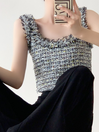 Tzipora Sleeveless Tweed Crop Top-The Black Bow-