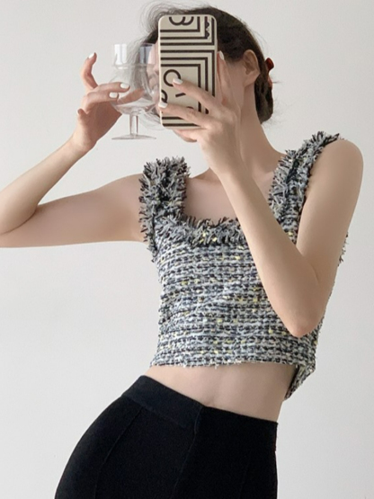 Tzipora Sleeveless Tweed Crop Top-The Black Bow-