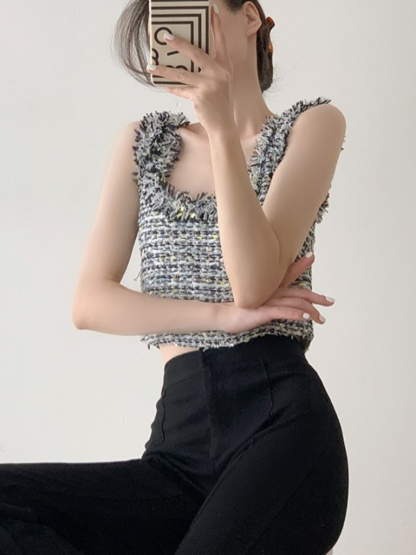 Tzipora Sleeveless Tweed Crop Top-The Black Bow-