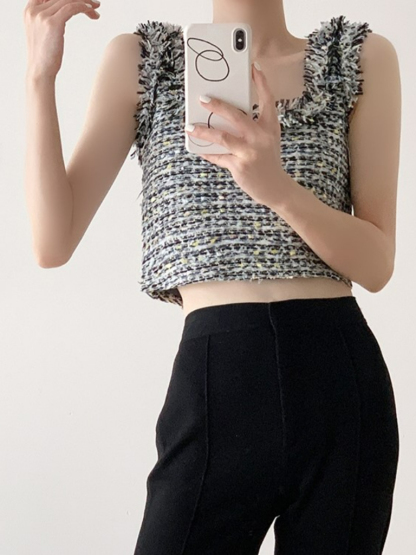 Tzipora Sleeveless Tweed Crop Top-The Black Bow-