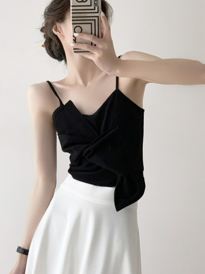 Tatey Asymmetrical Front Bow Cami Top-The Black Bow-