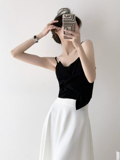 Tatey Asymmetrical Front Bow Cami Top-The Black Bow-