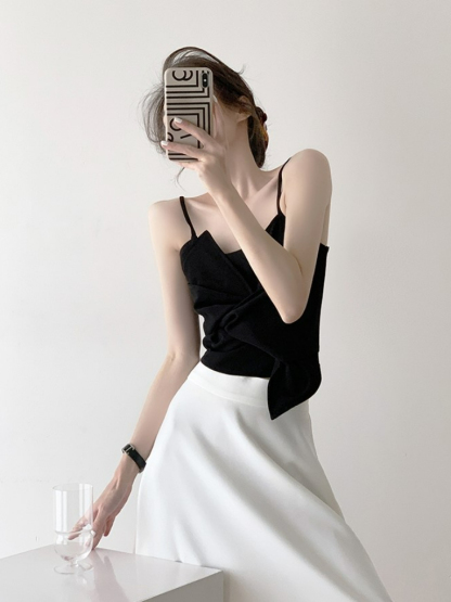 Tatey Asymmetrical Front Bow Cami Top-The Black Bow-