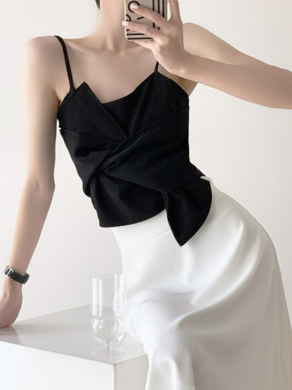 Tatey Asymmetrical Front Bow Cami Top-The Black Bow-