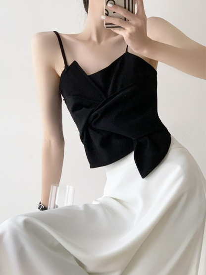 Tatey Asymmetrical Front Bow Cami Top-The Black Bow-