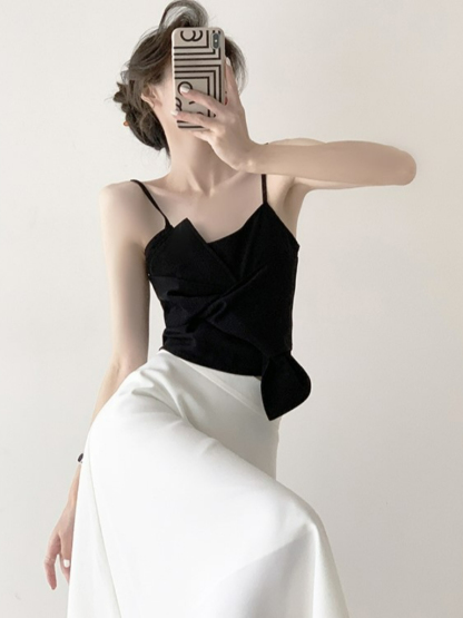 Tatey Asymmetrical Front Bow Cami Top-The Black Bow-