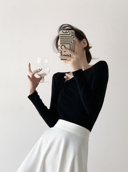 Tenbie Long Sleeve Asymmetrical Collar Top (Discounted-S size)-The Black Bow-