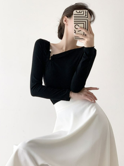 Tenbie Long Sleeve Asymmetrical Collar Top (Discounted-S size)-The Black Bow-