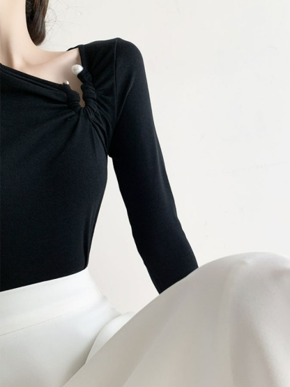 Tenbie Long Sleeve Asymmetrical Collar Top (Discounted-S size)-The Black Bow-