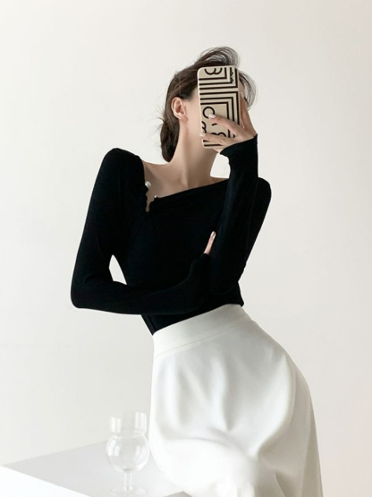 Tenbie Long Sleeve Asymmetrical Collar Top (Discounted-S size)-The Black Bow-