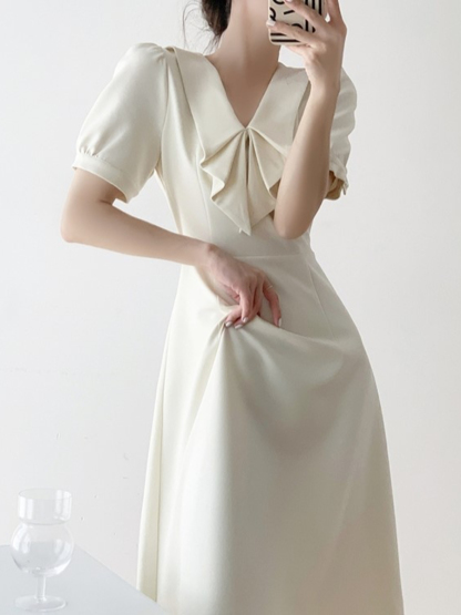 Sterly Folded Sailor Collar Flared Hem Dress-The Black Bow-