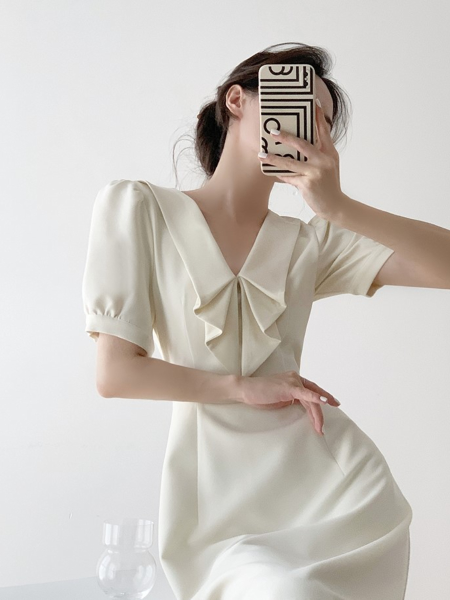 Sterly Folded Sailor Collar Flared Hem Dress-The Black Bow-