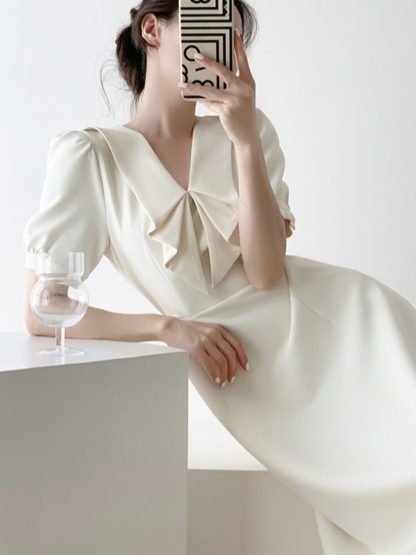 Sterly Folded Sailor Collar Flared Hem Dress-The Black Bow-