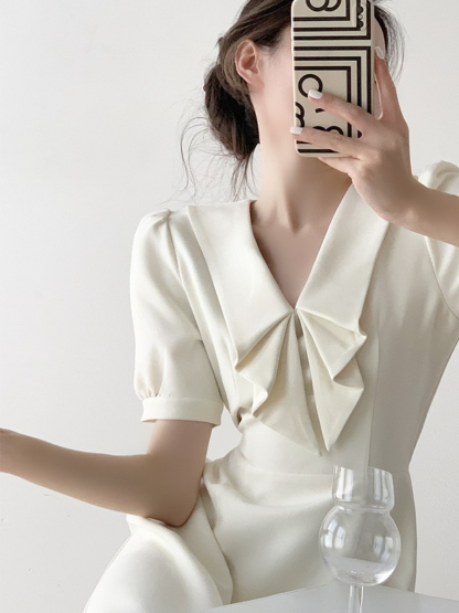 Sterly Folded Sailor Collar Flared Hem Dress-The Black Bow-