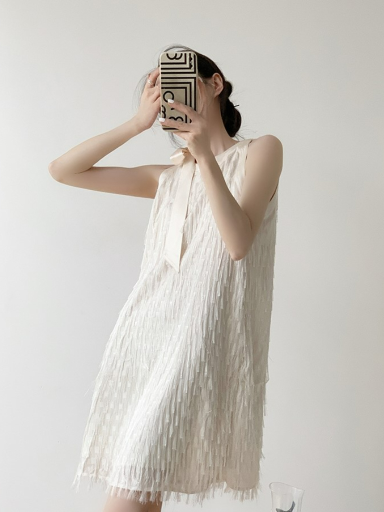 Shawna Ribbon Tie Sleeveless Tassel Dress-The Black Bow-