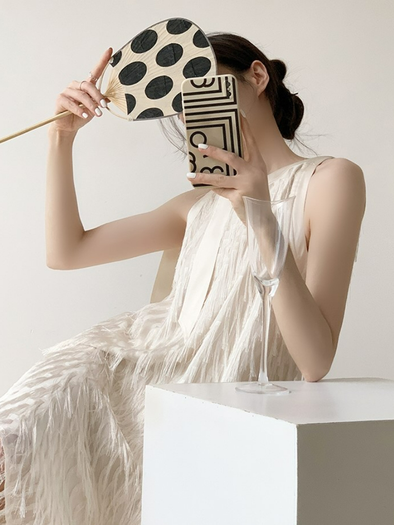 Shawna Ribbon Tie Sleeveless Tassel Dress-The Black Bow-