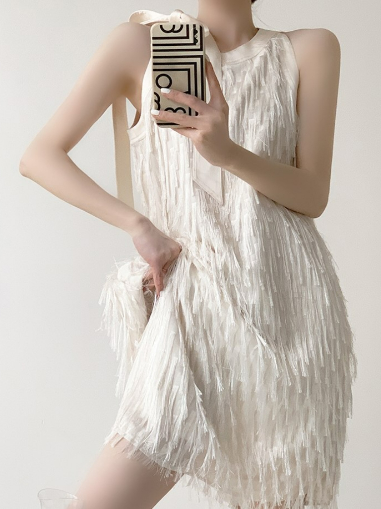 Shawna Ribbon Tie Sleeveless Tassel Dress-The Black Bow-