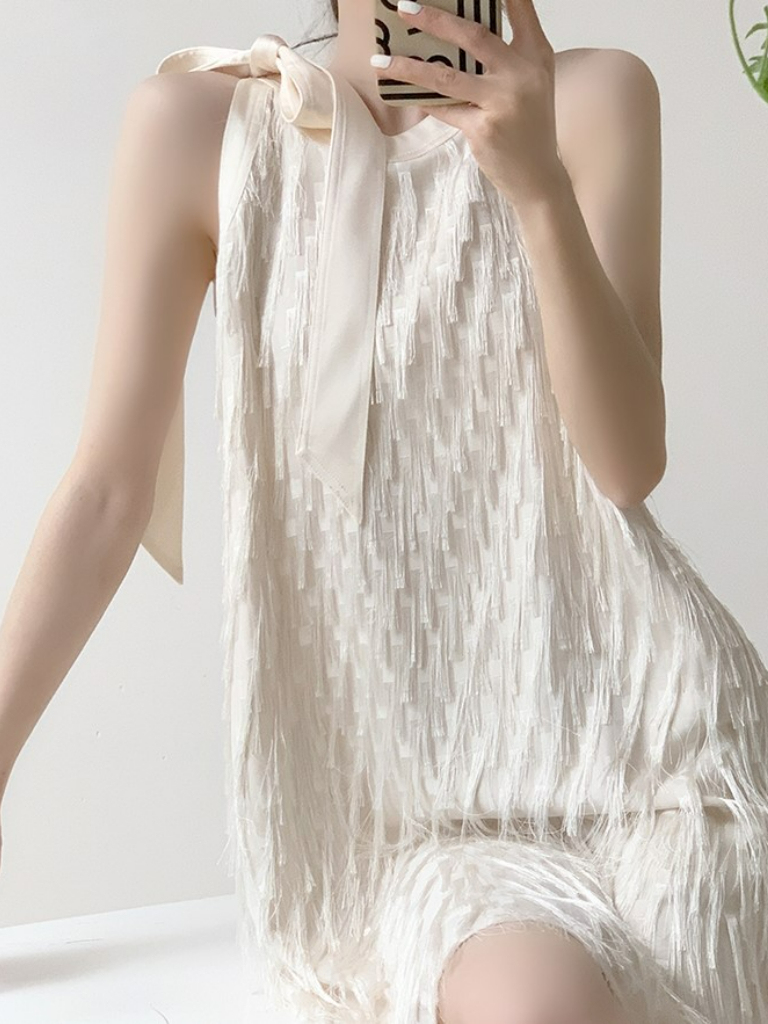 Shawna Ribbon Tie Sleeveless Tassel Dress-The Black Bow-