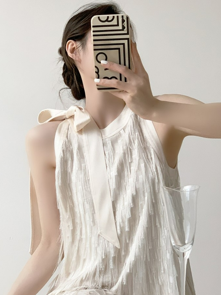 Shawna Ribbon Tie Sleeveless Tassel Dress-The Black Bow-