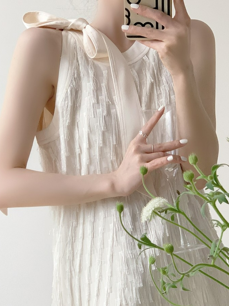 Shawna Ribbon Tie Sleeveless Tassel Dress-The Black Bow-