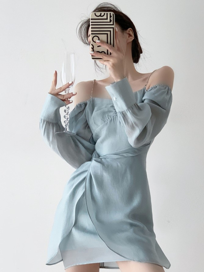 Sayene Diamond Strap Off Shoulder Mini Dress (Discounted-L size)-The Black Bow-