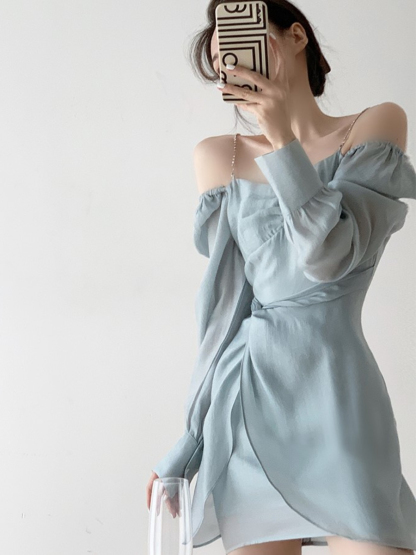 Sayene Diamond Strap Off Shoulder Mini Dress (Discounted-L size)-The Black Bow-