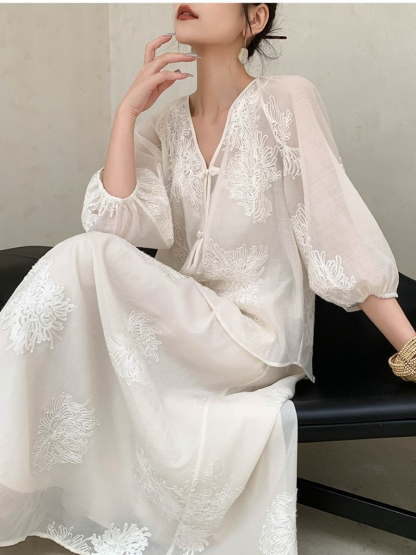 Cang Lan Long Sleeve Graceful Embroidered Set-Ivory (Skirt & Shorts)-The Black Bow-