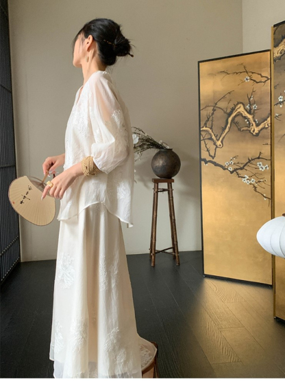 Cang Lan Long Sleeve Graceful Embroidered Set-Ivory (Skirt & Shorts)-The Black Bow-