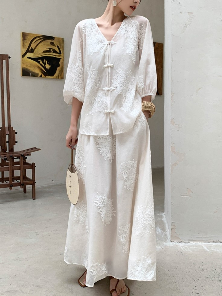 Cang Lan Long Sleeve Graceful Embroidered Set-Ivory (Skirt & Shorts)-The Black Bow-