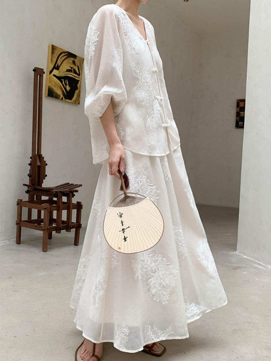 Cang Lan Long Sleeve Graceful Embroidered Set-Ivory (Skirt & Shorts)-The Black Bow-