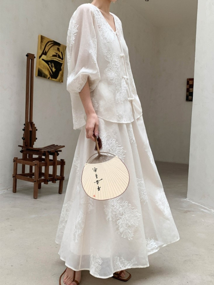 Cang Lan Long Sleeve Graceful Embroidered Set-Ivory (Skirt & Shorts)-The Black Bow-