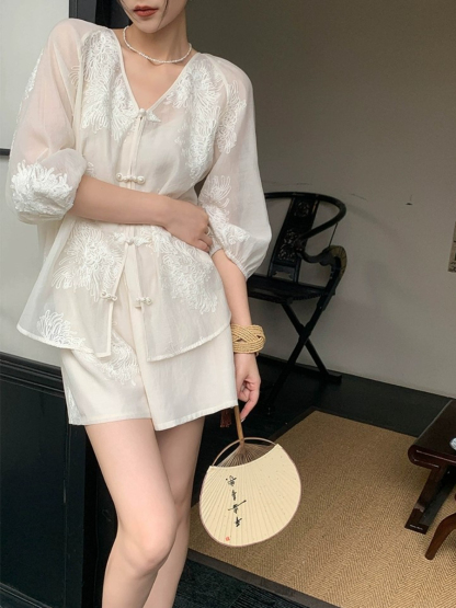 Cang Lan Long Sleeve Graceful Embroidered Set-Ivory (Skirt & Shorts)-The Black Bow-